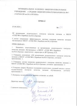 Приказ об организации родительского контроля качества питания